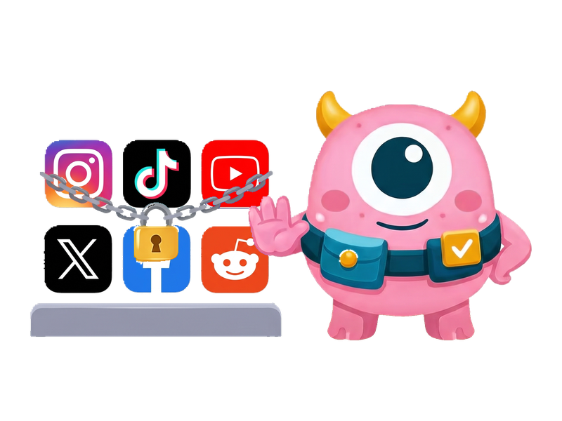 Nilo standing guard with an open palm in front of six app tiles chained and padlocked