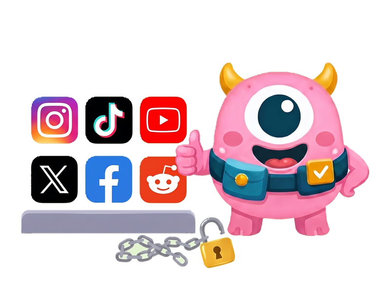 Nilo giving a thumbs up beside the six app icons on their bar, the chain off them, the open padlock and the loose chain on the ground beside the bar